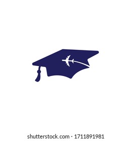 Study Abroad Vector Logo Design. Graduation Cap And Airplane Icon.