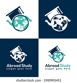 Study abroad vector logo design. Graduation cap with runner student and globe icon.