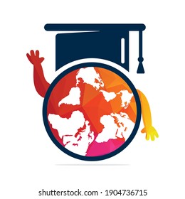 Study abroad vector logo design. Graduation cap with runner student and globe icon.