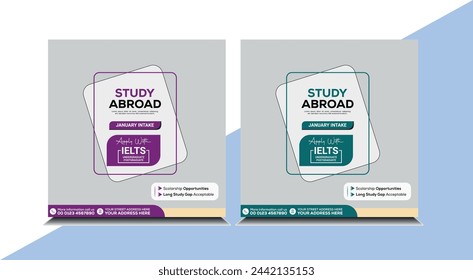 Study abroad web banner design set. Higher Education collection. Morden Social media design kits. Modern social media kits for study abroad. Study abroad post banner design.