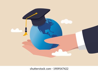 Study Abroad World Education Curriculum, Overseas School, College And University Or International Academic Concept, Success Graduated Student Holding Globe Shape Wearing Academic Mortarboard Hat.