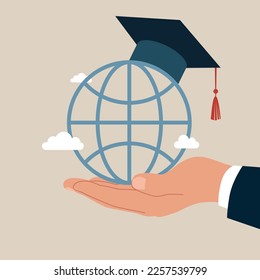 Study abroad world education curriculum, overseas school, college and university. Student holding globe shape wearing academic mortarboard hat.  Modern vector illustration in flat style