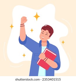 Study accomplishment. Happy student with book enjoying accomplished examination or mba test in university school college, work achievement get success result vector illustration of student education