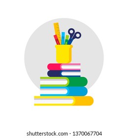 Study adn Work Icons. Book, Folder, Scissors, Pen, Ruler, Flower. Vector Illustration. Flat Graphic Style. Decorative Design for Educantion, Classroom, Office, School Equipment, Shops and Sales