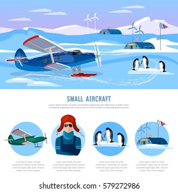 Study of the Arctic and Antarctic, flight to North Pole. Small aircraft. Travel to Antarctica infographics. Scientific polar explorers template design 