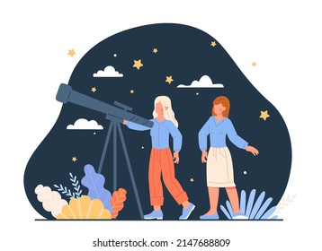 Erforschung des Astronomiekonzepts. Frauen sehen durch das Teleskop und erforschen Sternenhimmel, Universen, Galaxien und Planeten. Astrologisches Horoskop oder interessante Unterhaltung. Cartoon-Flavektor-Vektorgrafik