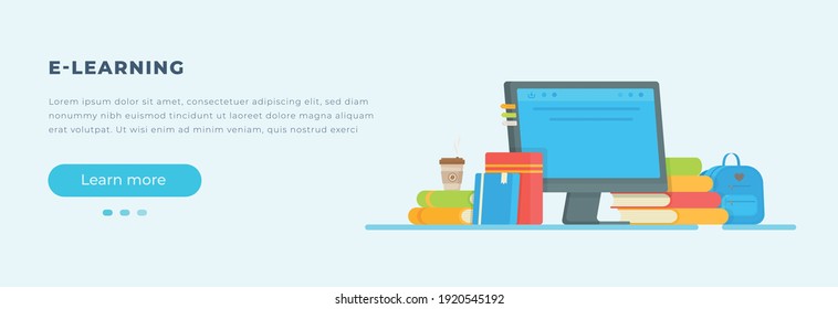 Study Banners. Vector illustration of education banners. Drawing of an online lesson on a blue background. Learning, work, site, link.