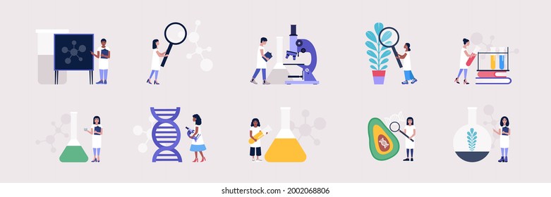 Study of biology, genetics and chemistry. Laboratory and scientific research. Concept vector set in a flat style - Shutterstock ID 2002068806