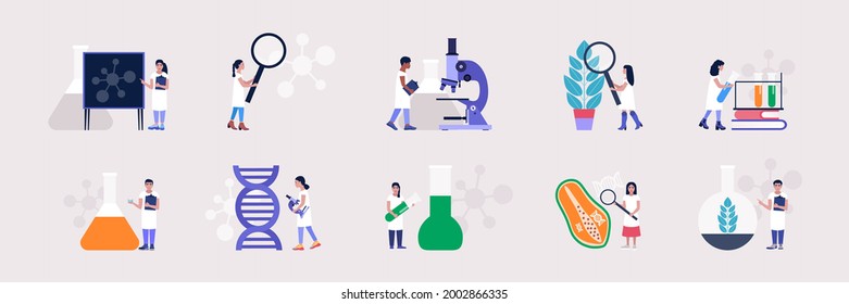Study of biology, genetics and chemistry. Laboratory and scientific research. Concept vector set in a flat style - Shutterstock ID 2002866335