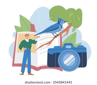 Estudio de aves. Hombre cerca de libro enorme, cámara y pájaro azul. Ornitólogo Explore la fauna tropical y la vida silvestre. Biología y zoología. Ilustración vectorial plana aislada sobre fondo blanco