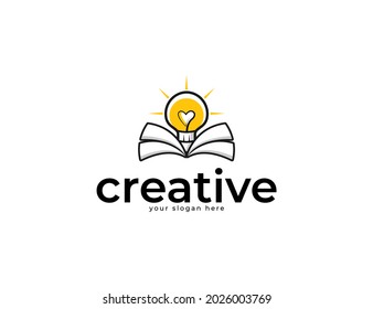 Study book with bulb and pencil logo illustration. Education School idea logo template