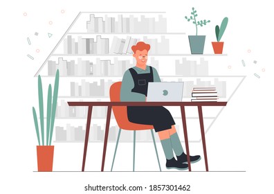 Study in book library vector illustration. Cartoon young happy male student character training, working and studying, boy sitting at table with laptop among library bookshelves, education background