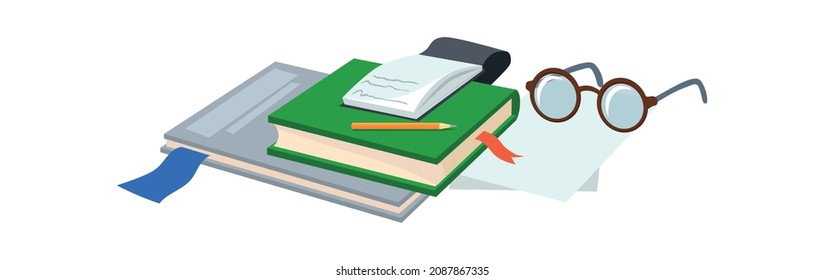 Bücherbibliothek studieren. Pile Lehrbücher mit Brille, Cartoon-Notizbuch und Lehrbuch für Buchhandlungen, Vektorgrafik einzeln auf weißem Hintergrund