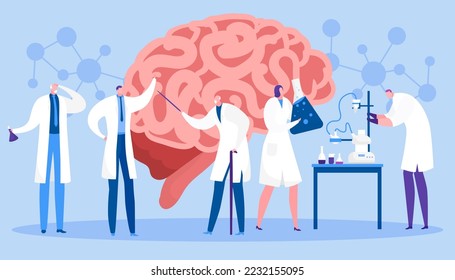 Study brain in laboratory, vector illustration. Scientists researching human mind. Doctor diagnoses patient, experiment.