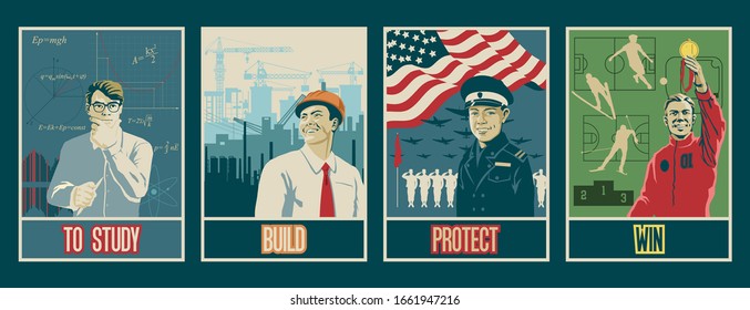To study, build, protect, win Motivation Posters, Retro Propaganda Style, Sport, Science, Army, Building