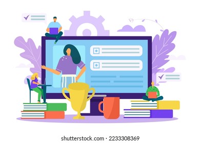 Study business in computer, esucation internet training vector illustration. Distance school student background concept.
