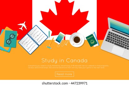 Study In Canada Concept For Your Web Banner Or Print Materials. Top View Of A Laptop, Books And Coffee Cup On National Flag. Flat Style Study Abroad Website Header.