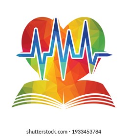 Estudio del concepto del logotipo de la cardiología. Combinación de latidos con el libro.