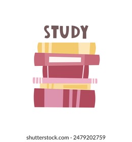 Study. Cartoon books, hand drawing lettering. Colorful vector illustration, flat style. design for cards, print, poster, cover