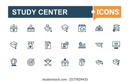Study Center linear icon collection. Contains such icons as building, Academy, bus, student, graphic, on, class, learn, academy. Minimal icons. Editable vector icon and illustration.