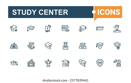 Study Center linear icon collection. Contains such icons as building, Academy, bus, student, graphic, on, class, learn, academy. Minimal icons. Editable vector icon and illustration.