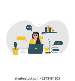 The study of the character of the student on the computer.Mockup of a girl with a laptop for internet lessons online. Vector illustration

