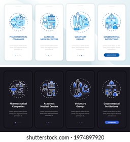 Study charity onboarding mobile app page screen with concepts. Med center, government walkthrough 4 steps graphic instructions. UI, UX, GUI vector template with linear night and day mode illustrations