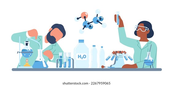 Study of chemicals presence in drinking water bottles. Laboratory experiment. Scientists research H2O. Men and woman chemical examine aqua. Test tubes and glass beakers