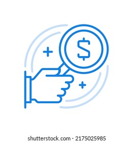 
Study commercial analytics vector line icon. Hand holds magnifying glass with money symbol in center. Marketing analysis research of exchange policy. Development search accounting business market.