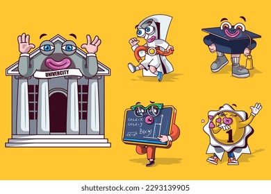 Study concept with 3d cute cartoon characters set. Funny avatars of university building, diploma certificate, graduation cap, blackboard, medal first win. Vector illustration with comic mascots design