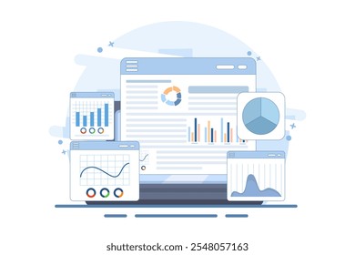 study concept for market expansion. Financial report, investment data, sales information, business analysis, computing, Businessman analyzing diagrams and graphs with magnifying glass. illustration.