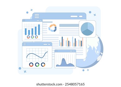 conceito de estudo para a expansão do mercado. Relatório financeiro, dados de investimento, informações de vendas, análise de negócios, computação, Business Man analisando diagramas e gráficos com lupa. ilustração.