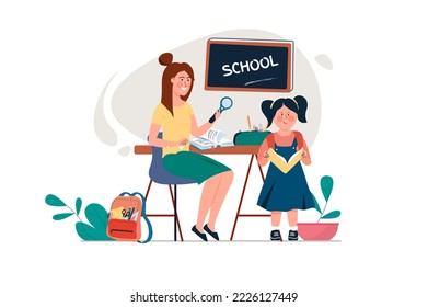 Study concept with people scene in the flat cartoon design. Small student reads a fairy tale to the teacher for assessment. Vector illustration.