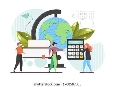 Study concept vector flat style design illustration. Huge planet earth globe and micro characters students carrying pile of books, calculator. Education course, study abroad.