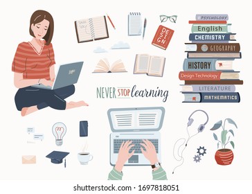 Study concept vector set. Girl sitting with open laptop on her knees. Pile of books. Online library, e learning design elements. Vector illustration in trendy flat style isolated on white background.