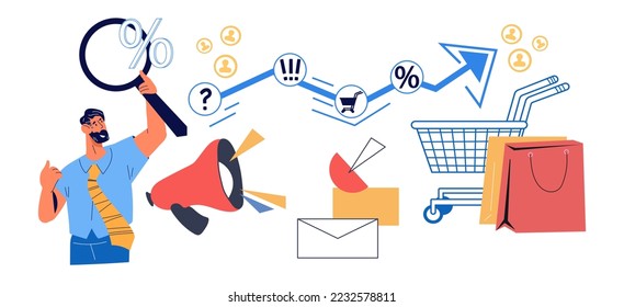 Study of consumer demand and behavior. Consumption spending, customer shopping habits research for retail marketing, flat vector illustration isolated on white background.
