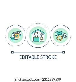 Study for degree at home loop concept icon. Homeschooling program abstract idea thin line illustration. E learning. Remote education. Isolated outline drawing. Editable stroke. Arial font used