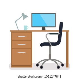 A study with a desk, a computer, an armchair. Interior worker. flat vector illustration isolated on white background