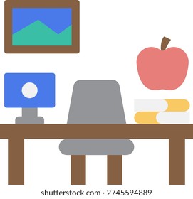Study Desk with Computer, Books and Apple