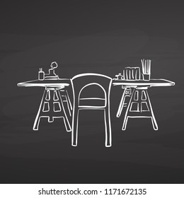 study desk drawing on chalkboard. hand-drawn vector sketch. business concept design.