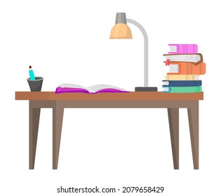 Study Desk Symbol. Tisch mit Lampe und Bücher im Cartoon-Stil