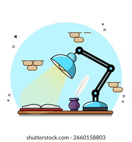 Study Desk Illustration Lampe, Buch, und Inkwell Vektor Illustration Flaches Design, Zurück zur Schule 