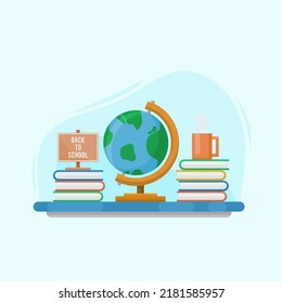 study desk illustration with stack of books and earth globe for back to school events
