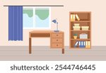 Study desk. Study room interior. Bookshelf. Window with curtain. Home decoration. Desk lamp. Study room landscape. 