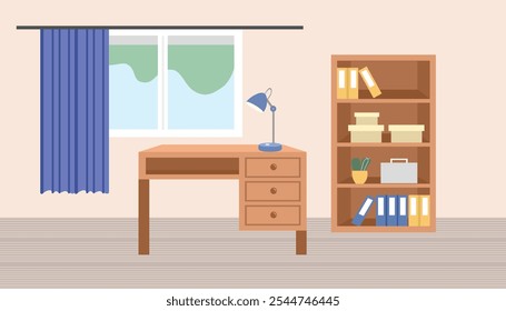 Study desk. Study room interior. Bookshelf. Window with curtain. Home decoration. Desk lamp. Study room landscape. 