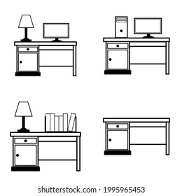 study desk set vector icon illustration white background