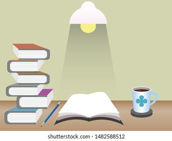 Study desk with stack of books, coffee and lighting from hanging lamp. Vector Illustration. Idea for hard studying for success in education.