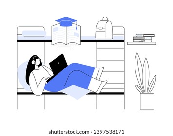 Estudio en dormitorios aislados ilustraciones de vectores de dibujos animados. Joven estudiante sentada en habitación dormitorio con laptop, proceso educativo, preparándose para clases universitarias de caricatura vectorial.