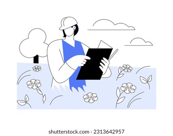 Study ecosystem biodiversity abstract concept vector illustration. Ecologist in uniform examines flora diversity, ecosystem research, climate studies, endangered plants abstract metaphor.