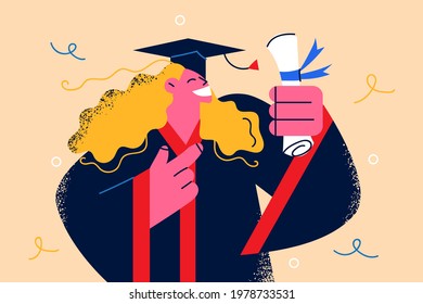 Study, education, graduate degree concept. Happy and excited young blond student girl cartoon character in hat bonet and mantle holding diploma of graduation vector illustration 